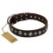 "Gorgeous Shields" FDT Artisan Brown Leather Cane Corso Collar with Old Silver-like Circles and Small Camomiles
