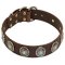 Wide Leather Dog Collar with Silver Plated Circles and Blue Stones