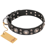 FDT Artisan 'Vintage Necklace' Decorated Black Leather Dog Collar - 1 1/2 inch (40mm) wide