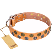 "Precious Sparkle" FDT Artisan Tan Leather Cane Corso Collar with Vintage Decorations