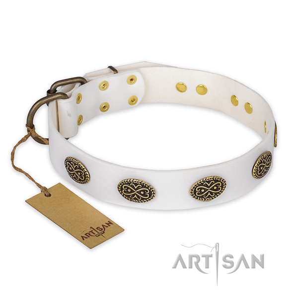 Impressive full grain genuine leather dog collar with rust-proof D-ring
