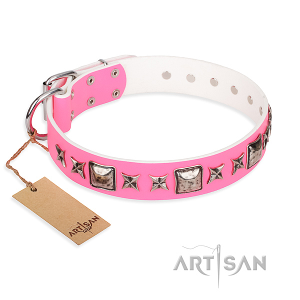 Genuine leather dog collar made of soft to touch material with rust resistant fittings
