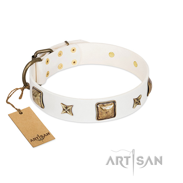 Adorned genuine leather dog collar for daily use