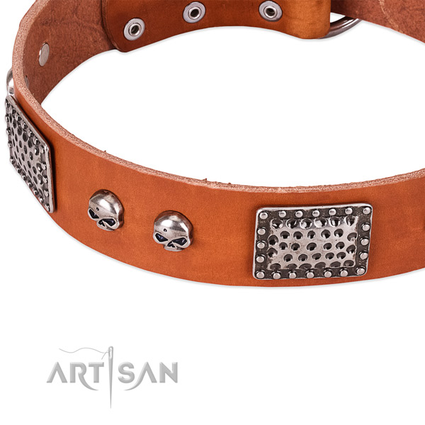Corrosion resistant D-ring on full grain natural leather dog collar for your four-legged friend