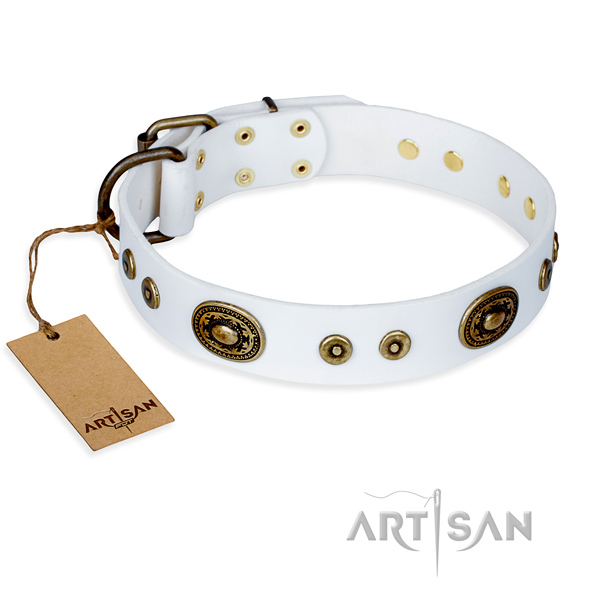 Natural genuine leather dog collar made of top notch material with strong traditional buckle