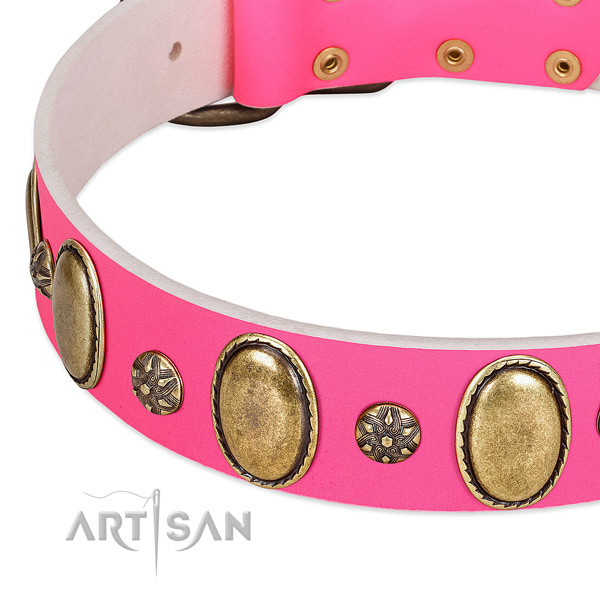 Handy use soft full grain genuine leather dog collar with adornments