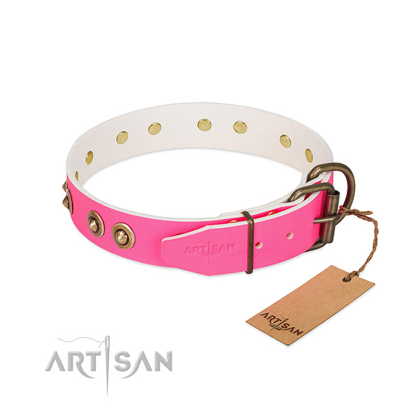 Full grain genuine leather dog collar with strong buckle and embellishments