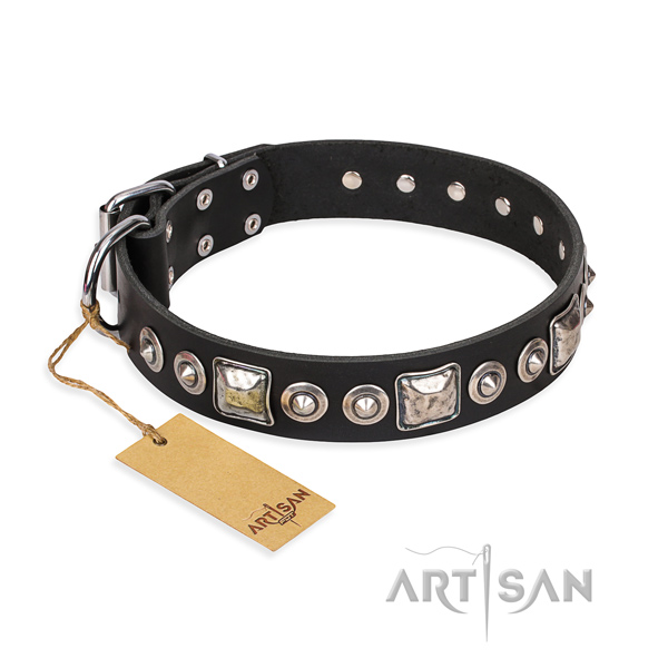 Full grain leather dog collar made of top rate material with rust resistant D-ring