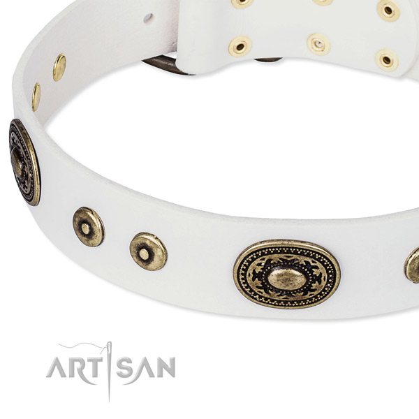 Full grain genuine leather dog collar made of soft material with adornments
