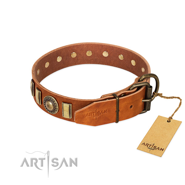Top quality natural leather dog collar with rust resistant buckle