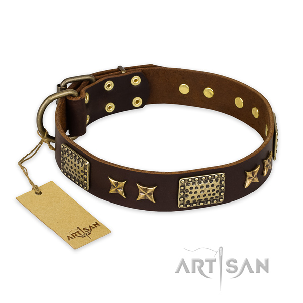 Handmade natural genuine leather dog collar with corrosion proof fittings