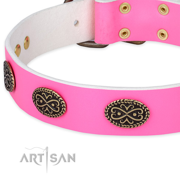 Leather dog collar with adornments for comfy wearing