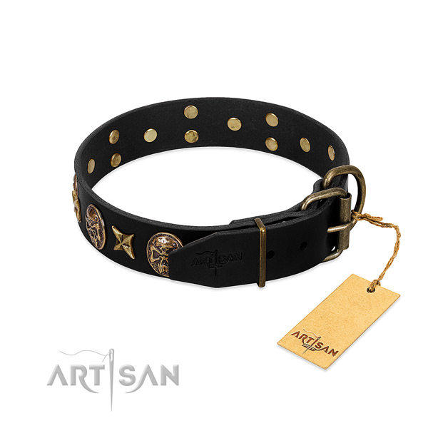 Corrosion resistant traditional buckle on full grain leather dog collar for your canine