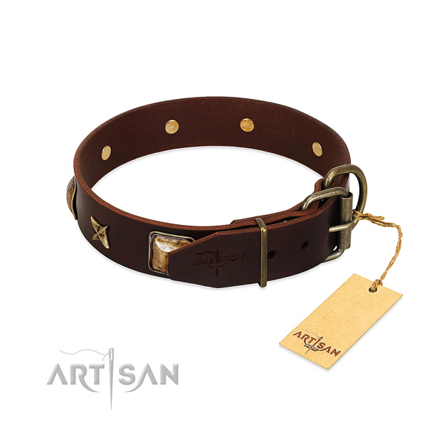 Genuine leather dog collar with corrosion proof traditional buckle and studs