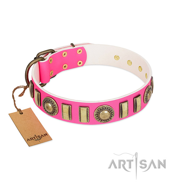 Exquisite full grain genuine leather dog collar with strong D-ring