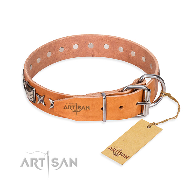 Finest quality decorated dog collar of natural leather