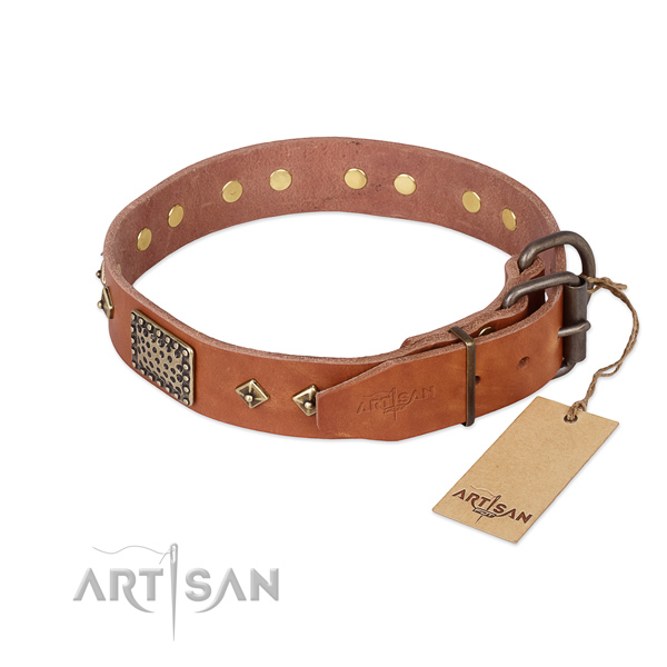 Natural leather dog collar with strong buckle and adornments