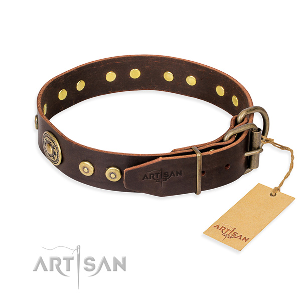 Full grain natural leather dog collar made of quality material with rust-proof decorations