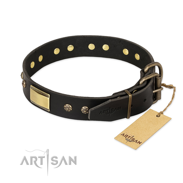 Full grain natural leather dog collar with rust-proof hardware and studs