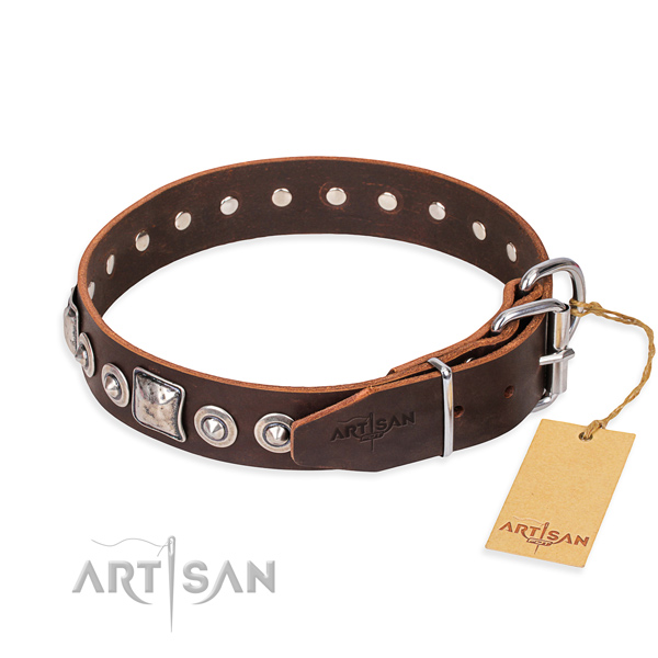 Full grain genuine leather dog collar made of high quality material with durable adornments