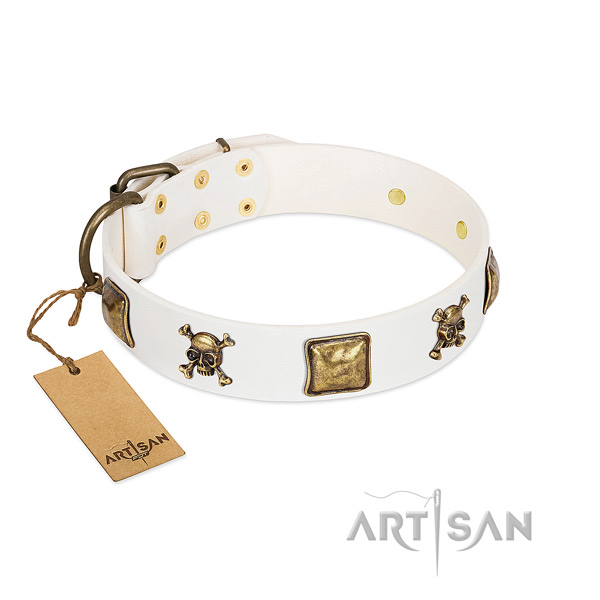 Stylish design full grain leather dog collar with corrosion resistant adornments