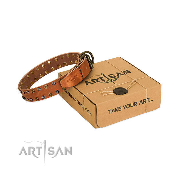 Comfy wearing flexible genuine leather dog collar with decorations