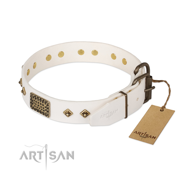 Genuine leather dog collar with durable D-ring and adornments