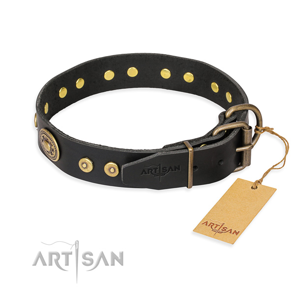 Full grain natural leather dog collar made of high quality material with reliable embellishments