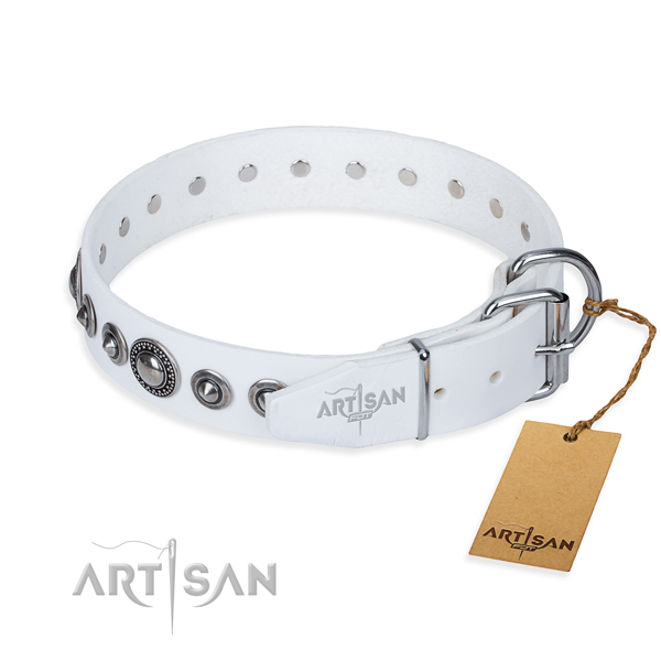 Full grain genuine leather dog collar made of soft to touch material with corrosion resistant adornments