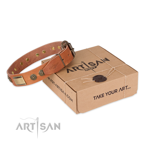 Strong hardware on full grain genuine leather dog collar for everyday use