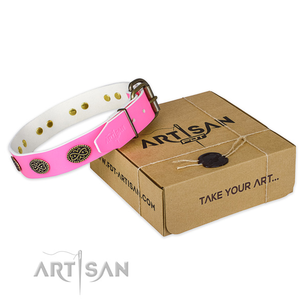 Adorned genuine leather dog collar for comfortable wearing