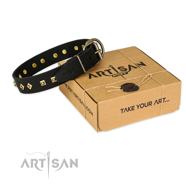 Rust-proof D-ring on genuine leather dog collar for fancy walking