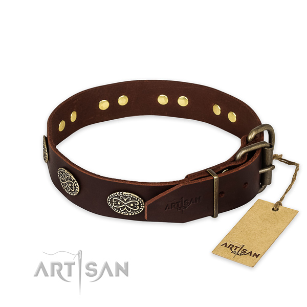 Corrosion resistant traditional buckle on natural genuine leather collar for your impressive dog