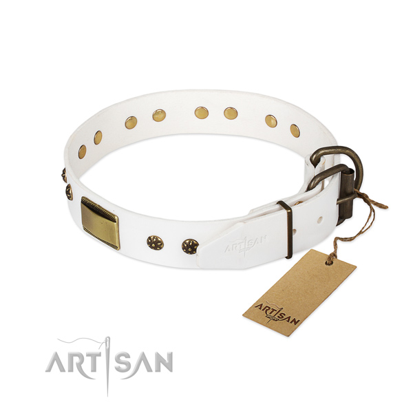 Genuine leather dog collar with rust-proof D-ring and decorations