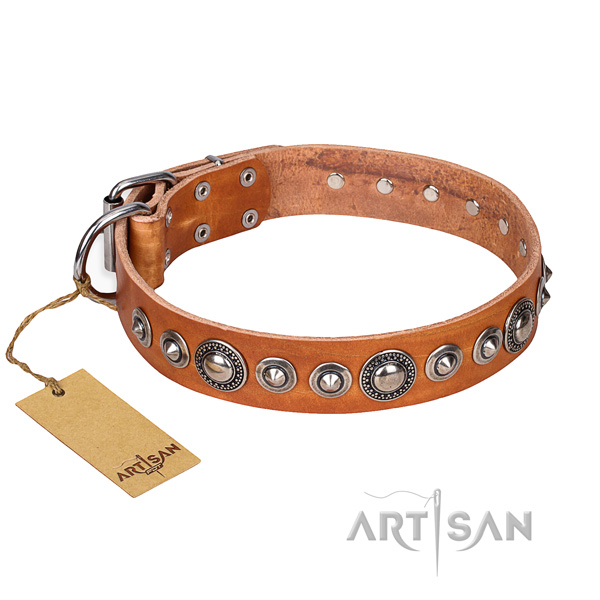 Genuine leather dog collar made of soft material with corrosion proof D-ring