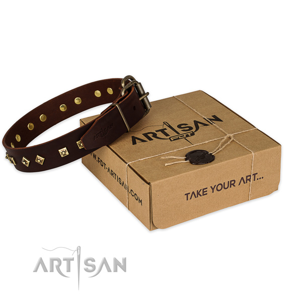 Durable hardware on full grain leather dog collar for comfy wearing