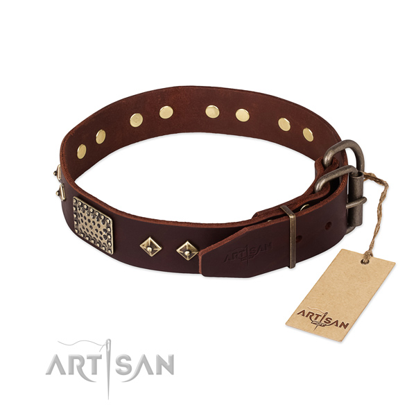 Full grain leather dog collar with rust-proof D-ring and decorations