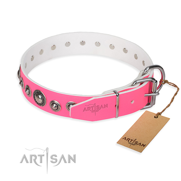 Full grain natural leather dog collar made of gentle to touch material with durable embellishments