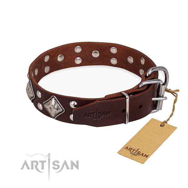 Genuine leather dog collar with designer rust-proof decorations