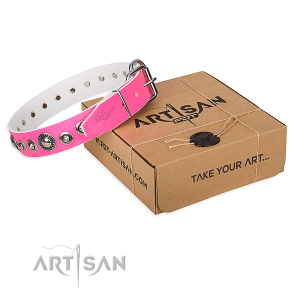 Natural genuine leather dog collar made of quality material with rust resistant traditional buckle