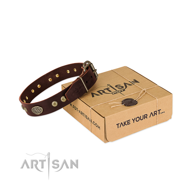Strong adornments on genuine leather dog collar for your dog