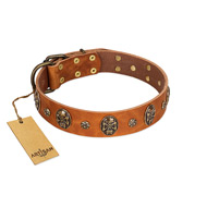 "Rockstar" FDT Artisan Tan Leather Cane Corso Collar with Engraved Studs and Medallions