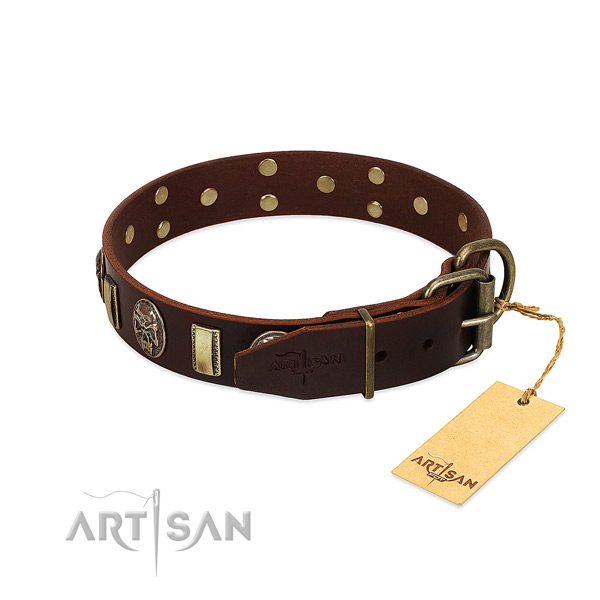 Leather dog collar with corrosion proof traditional buckle and adornments