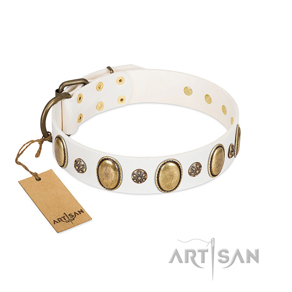 Stylish walking gentle to touch natural genuine leather dog collar with adornments
