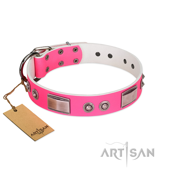 Stylish design genuine leather collar with decorations for your dog