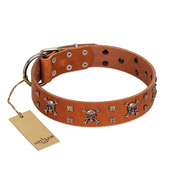"Rebellious Nature" FDT Artisan Tan Leather Cane Corso Collar Embellished with Crossbones and Square Studs