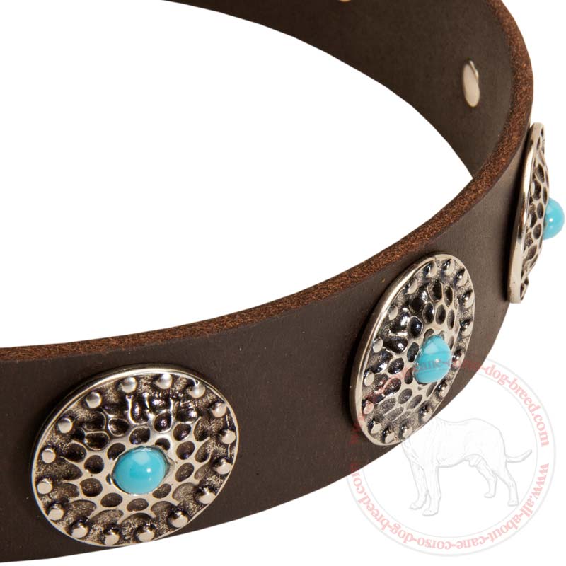 Get Leather Dog Collar, Blue Decorative Stones