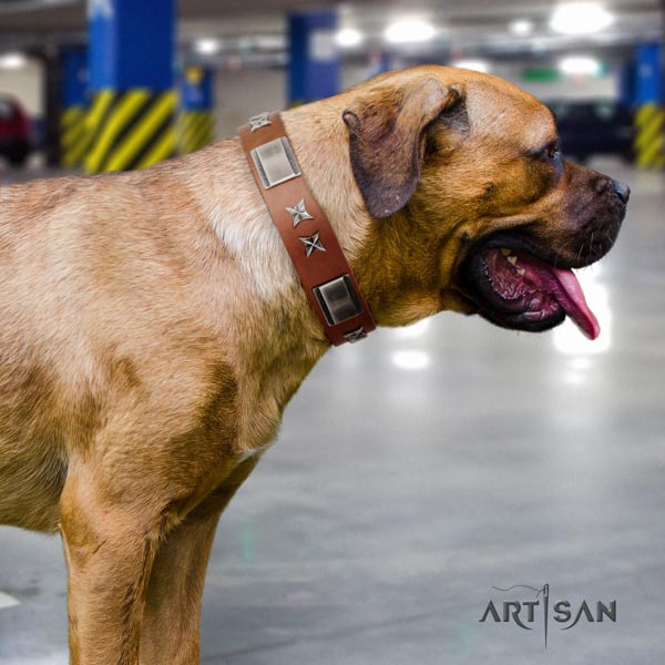 Cane Corso full grain natural leather collar with strong D-ring
