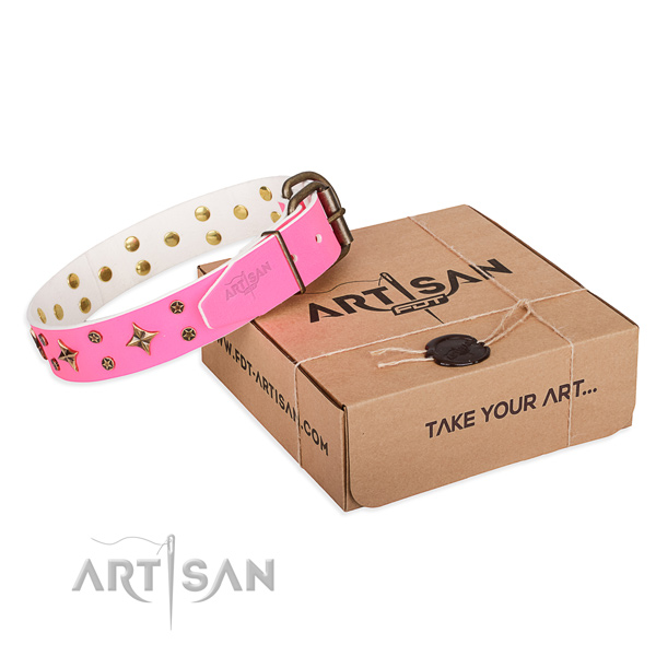 Decorated natural genuine leather dog collar for comfortable wearing