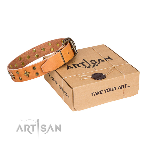 Adorned full grain natural leather dog collar for comfortable wearing